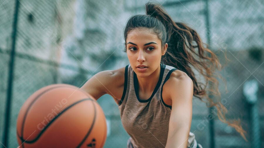 Mulher morena jogando basquete com regata cinza em quadra externa com foco
