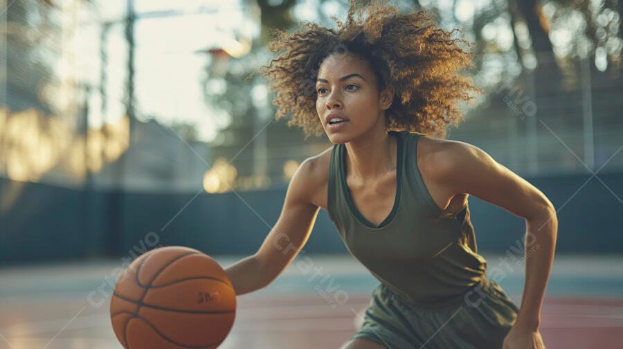 Mulher negra atlética driblando bola de basquete em quadra ao ar livre com luz do sol
