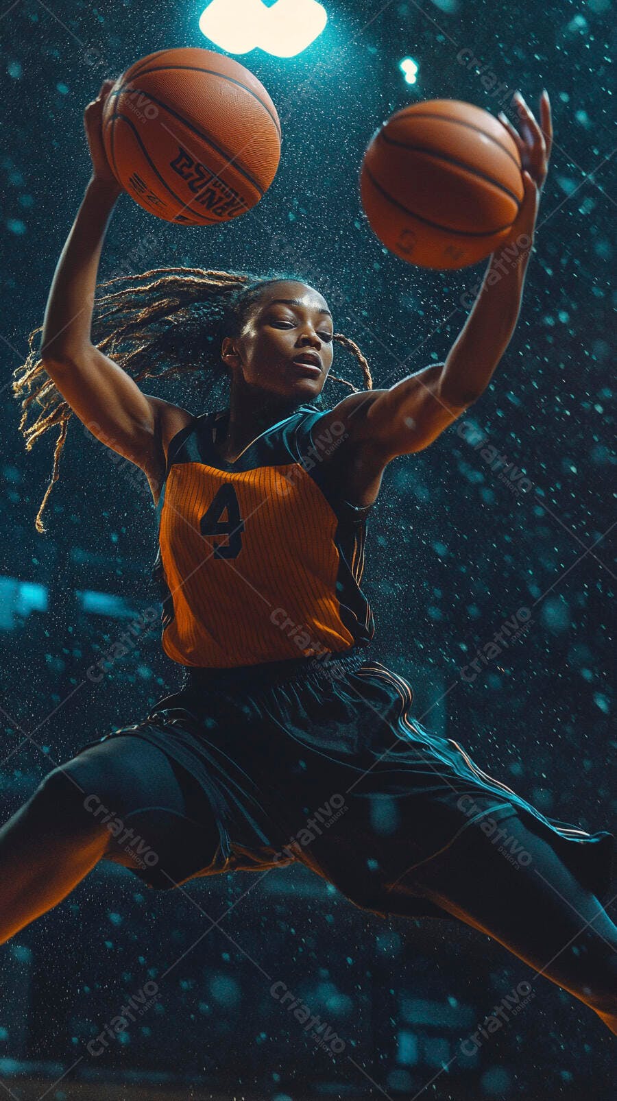 Mulher negra atleta de basquete com dreads em camisa laranja saltando com duas bolas