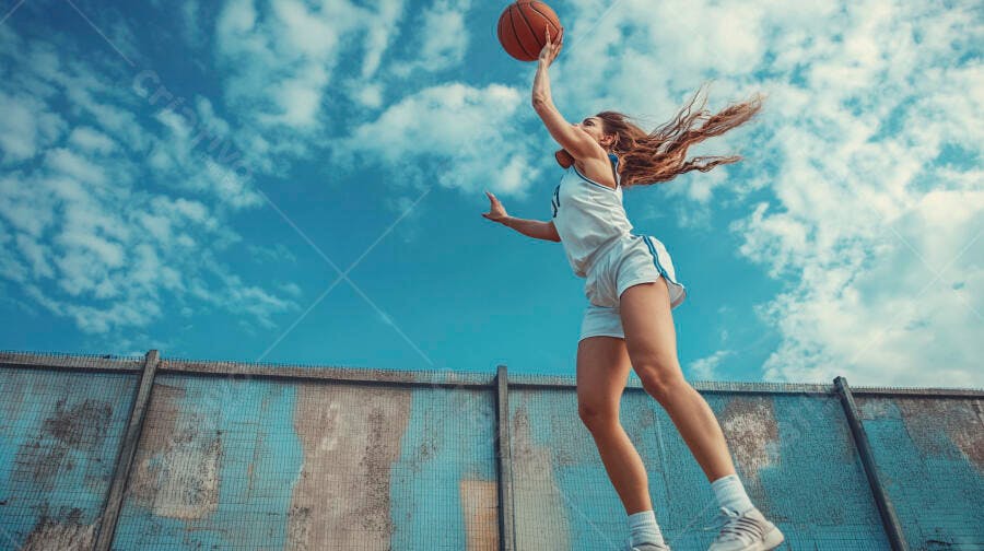 Mulher atlética caucasiana jogando basquete com bola laranja ao ar livre