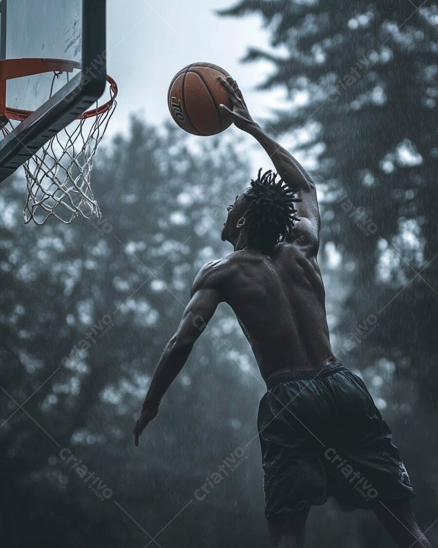 Homem negro musculoso enterra bola de basquete na chuva forte ao ar livre