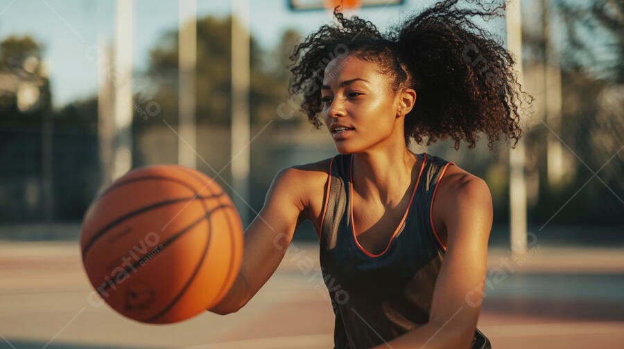Mulher negra atleta driblando basquete na quadra ao ar livre