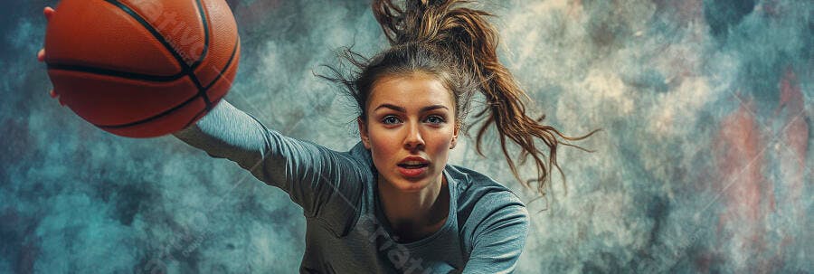 Mulher jovem atlética jogando basquete com cabelo voando em fundo azul