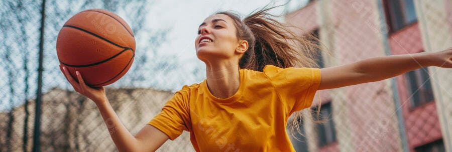 Jogadora de basquete jovem sorrindo com camisa amarela em quadra urbana
