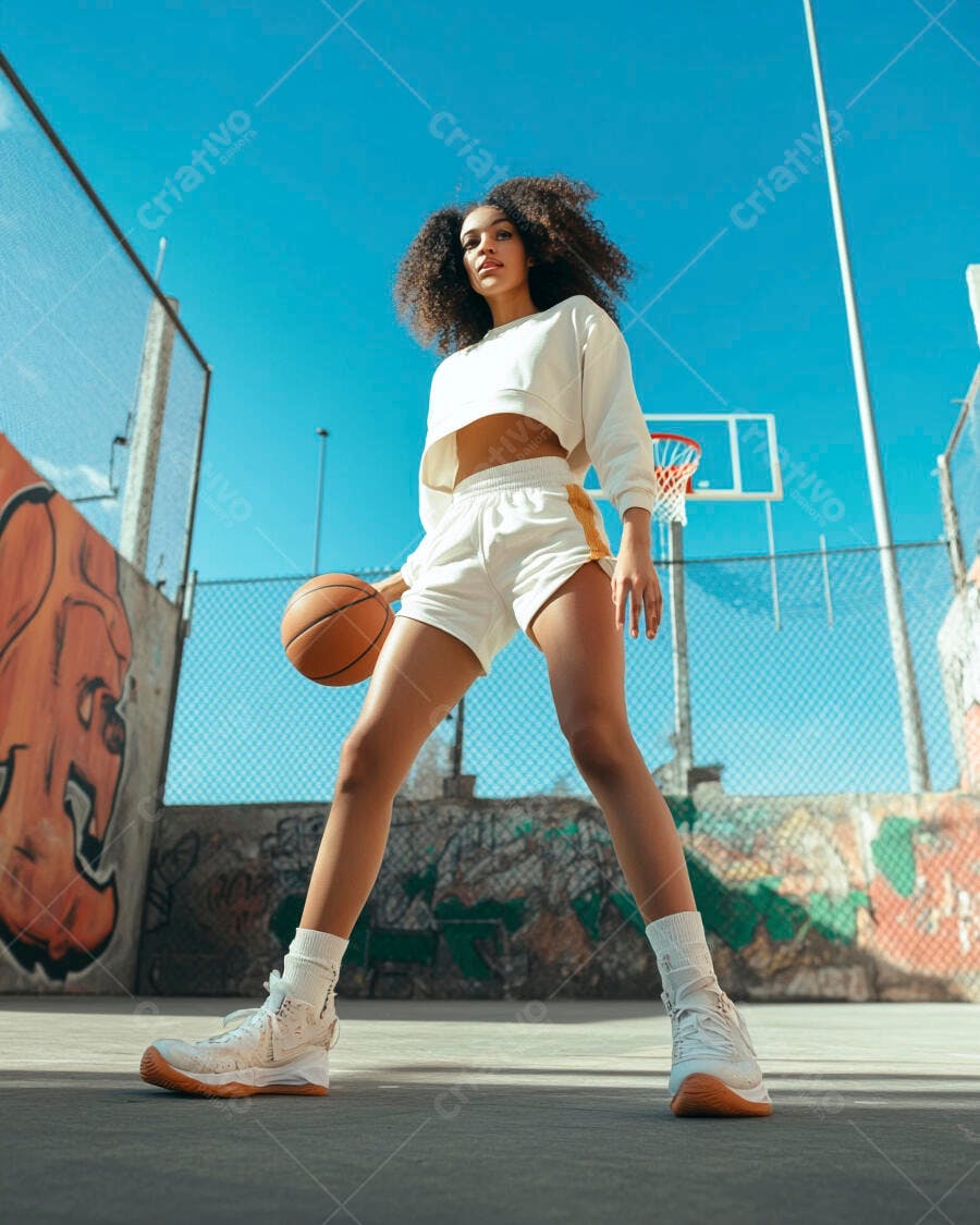 Mulher negra atlética com basquete em quadra urbana ensolarada