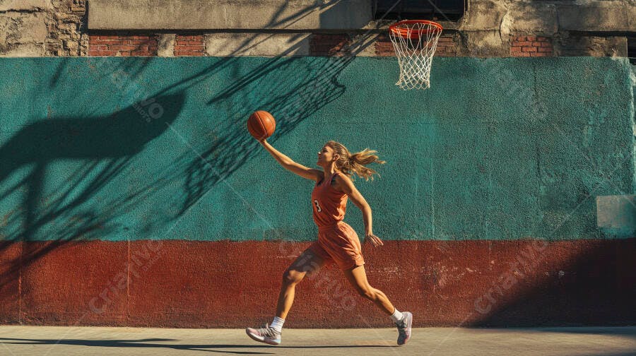 Mulher atleta loira em ação com bola de basquete em quadra urbana verde-água e terracota
