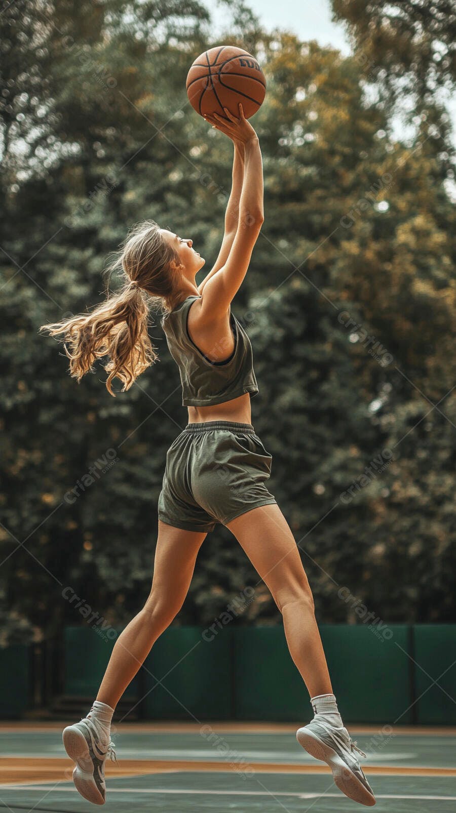 Mulher atlética loira arremessando bola de basquete em quadra ao ar livre