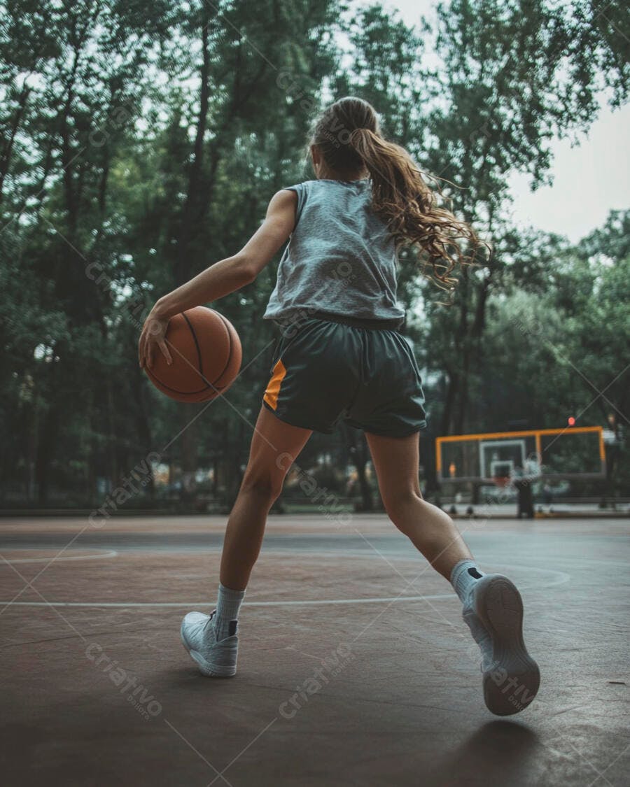 Jovem mulher driblando basquete em quadra externa com árvores verdes ao fundo
