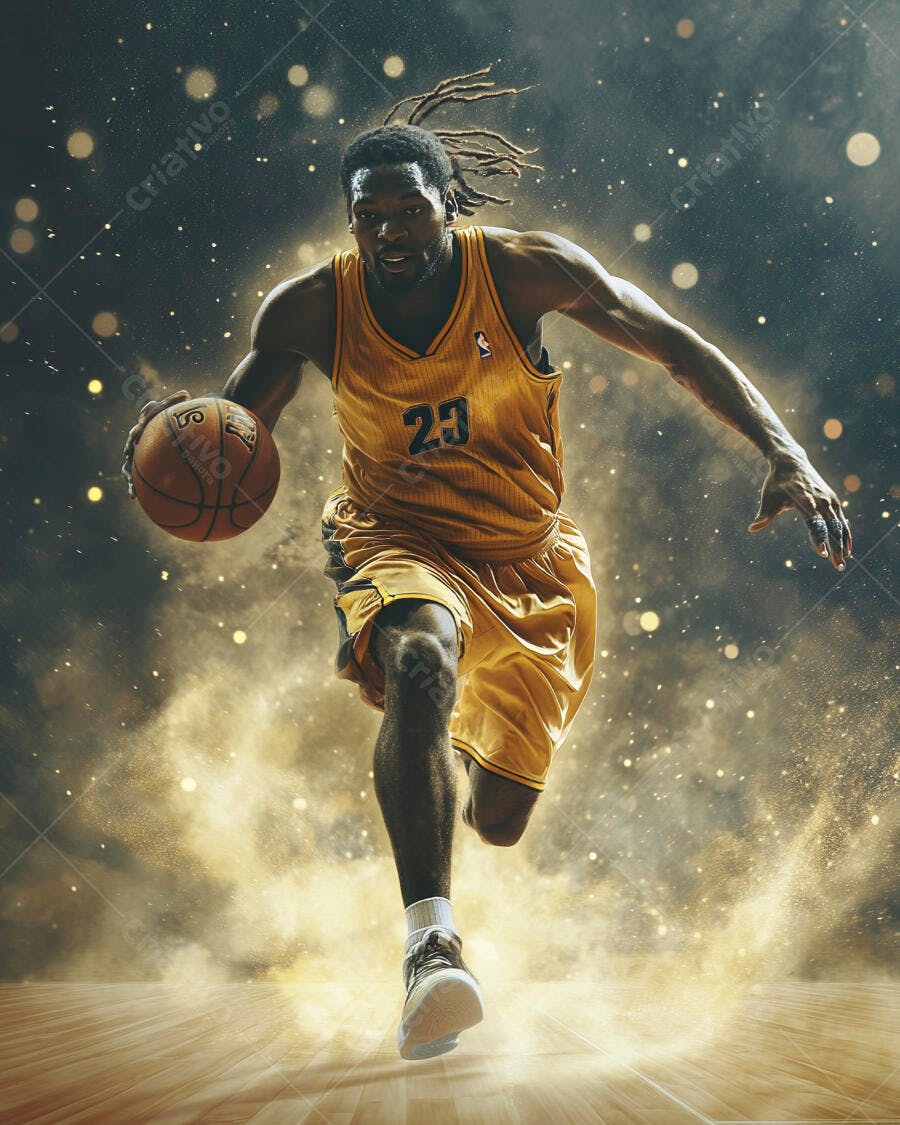 Jogador de basquete afro-americano driblando com uniforme amarelo em quadra escura