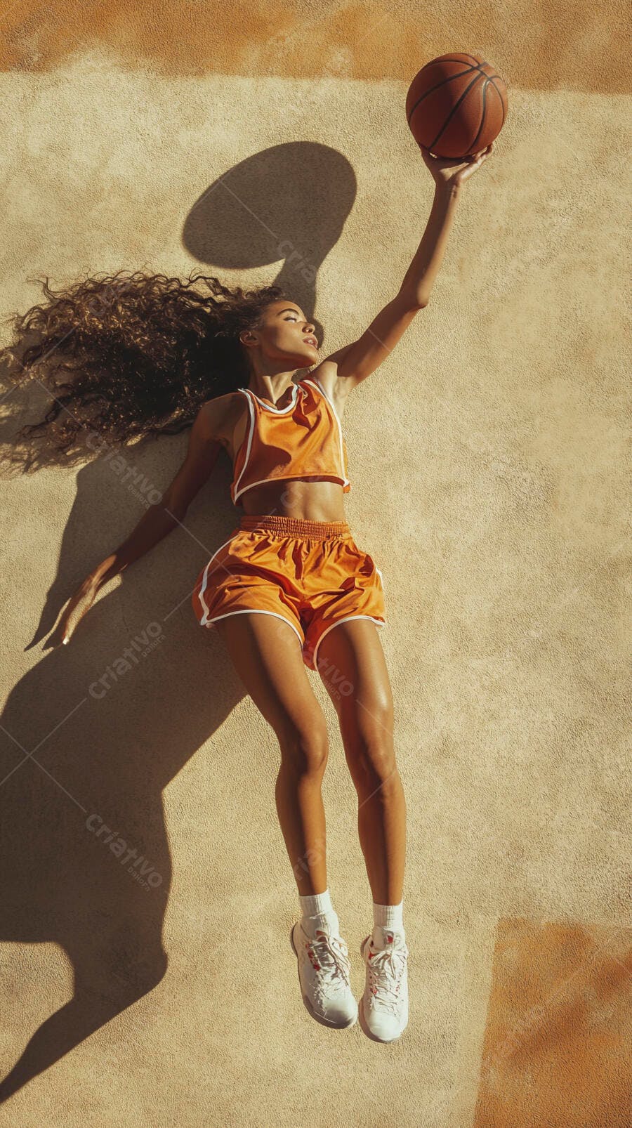 Mulher atlética morena com cabelo cacheado e bola de basquete laranja em fundo ensolarado