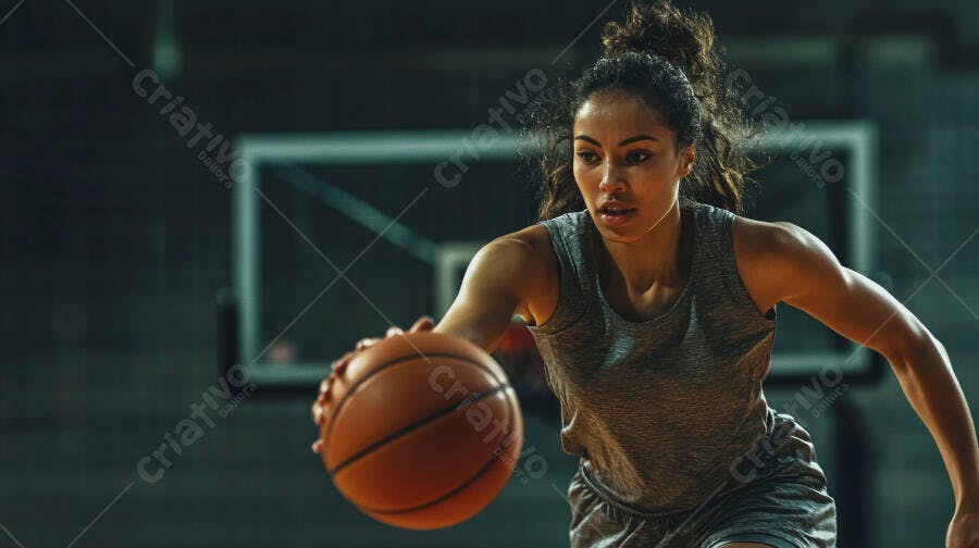Mulher jovem atlética driblando bola de basquete em quadra interna cinza