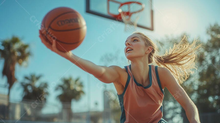 Mulher loira atlética jogando basquete na quadra ensolarada ao ar livre