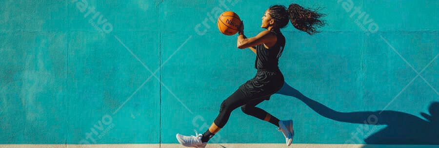 Mulher negra jogando basquete em quadra urbana azul-petróleo