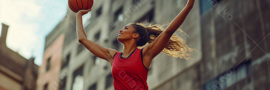 Mulher negra atleta sorrindo arremessando basquete em cenário urbano ensolarado