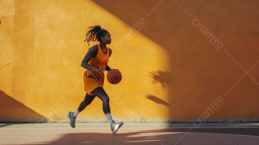 Mulher negra atlética driblando basquete em quadra laranja sob sol forte