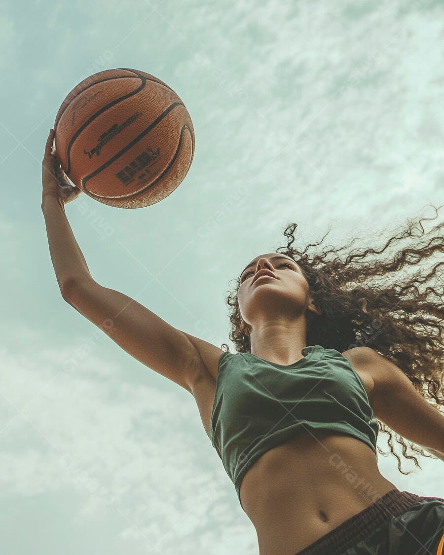 Mulher atleta jogando basquete ao ar livre com cabelo esvoaçante