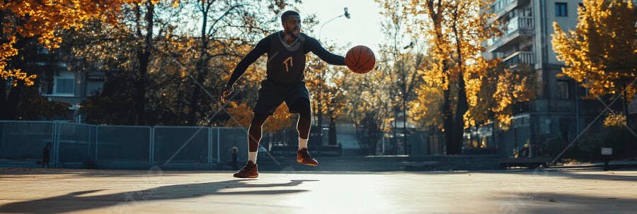Homem negro jogando basquete em quadra de outono com luz dourada