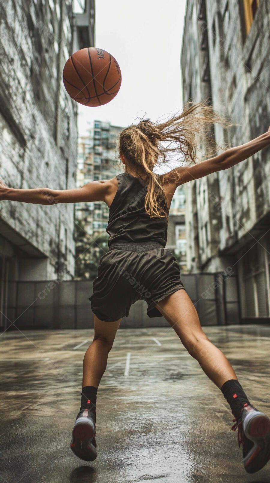Mulher atleta jogando basquete em quadra urbana cinza com bola no ar