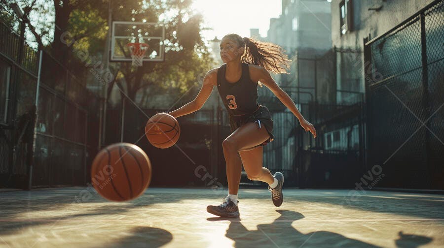 Jovem mulher negra jogadora de basquete driblando duas bolas em quadra urbana sob luz dourada