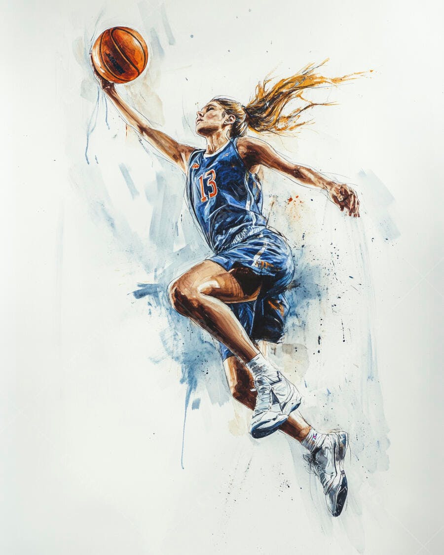 Jogadora de basquete feminina pula para cesta com uniforme azul e bola laranja