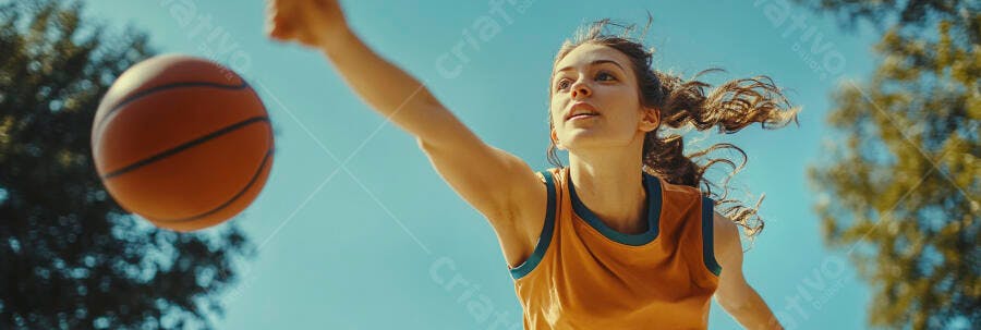 Mulher atleta caucasiana jogando basquete com camisa laranja sob céu azul