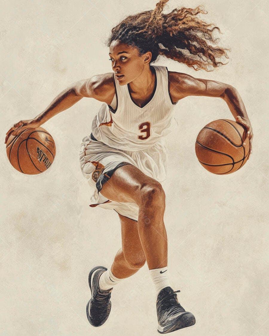 Mulher negra atleta driblando duas bolas de basquete com foco