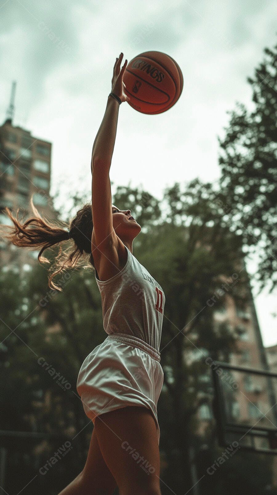 Mulher atleta jovem jogando basquete em quadra urbana ensolarada
