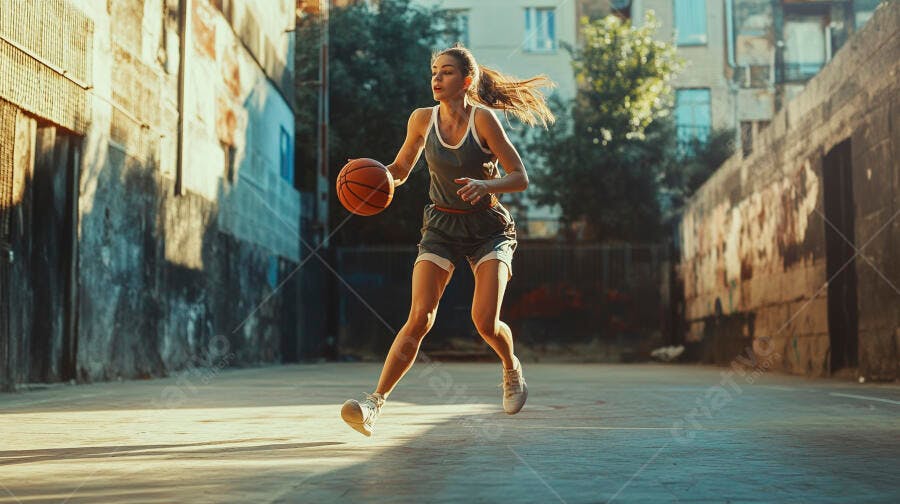 Mulher atlética caucasiana jogando basquete em quadra urbana sob sol