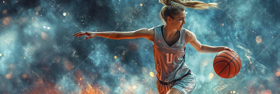 Jogadora de basquete mulher driblando a bola em fundo azul e laranja vibrante