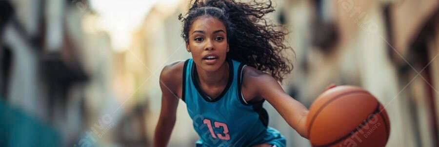 Jovem mulher negra jogando basquete com jersey azul em quadra urbana