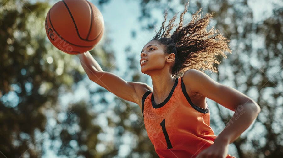 Mulher negra atlética jogando basquete ao ar livre com camiseta laranja