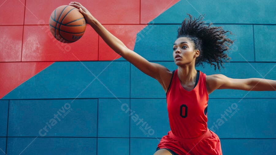 Mulher negra atleta de basquete com cabelo cacheado em quadra azul e vermelha