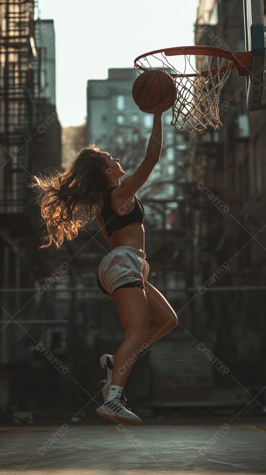 Mulher atlética pulando para enterrar bola de basquete em quadra urbana ao pôr do sol