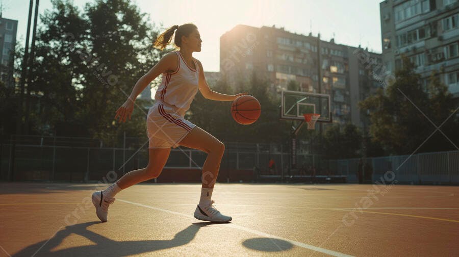 Mulher atlética driblando basquete em quadra urbana sob sol dourado