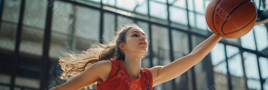 Mulher caucasiana jogadora de basquete arremessando bola em quadra interna