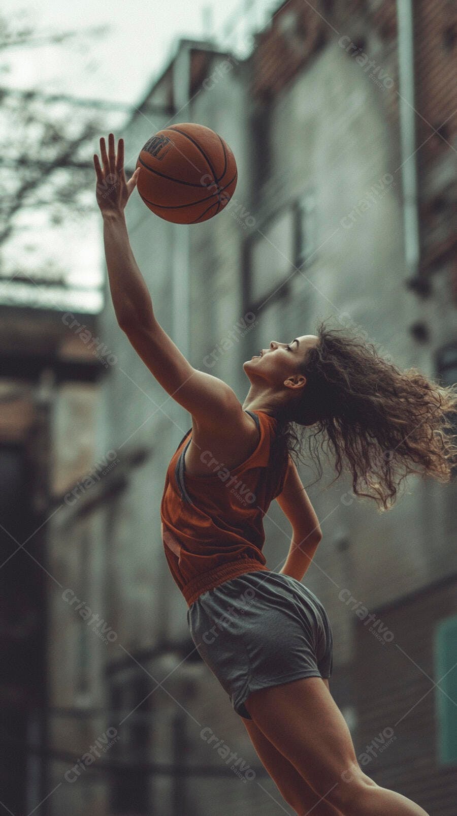 Mulher atleta jovem cabelo cacheado jogando basquete laranja em quadra urbana externa