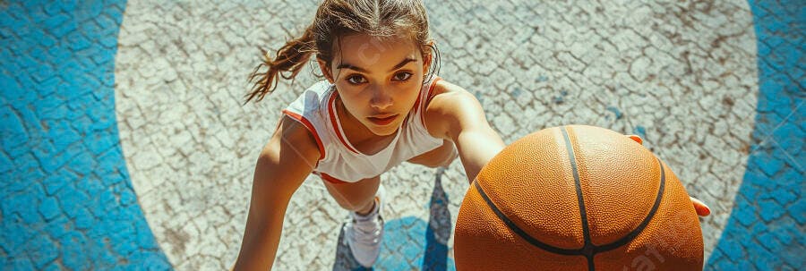Menina jovem feliz jogando basquete na quadra esportiva ao ar livre ensolarada
