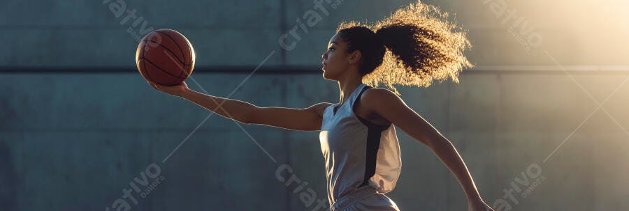 Mulher negra jovem jogadora de basquete em quadra ao entardecer
