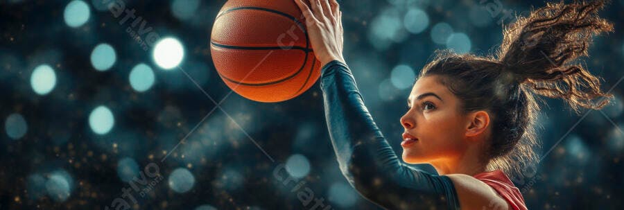 Mulher atleta com cabelo castanho arremessando bola de basquete em quadra escura
