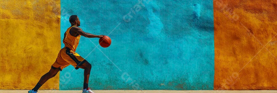 Homem negro jogador de basquete driblando bola em quadra amarela e azul turquesa
