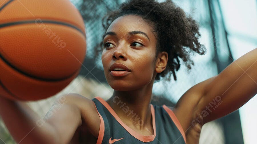 Mulher negra focada jogando basquete com bola laranja em quadra ao ar livre