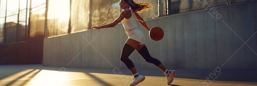 Mulher atlética driblando bola de basquete em quadra urbana ao pôr do sol com pele morena