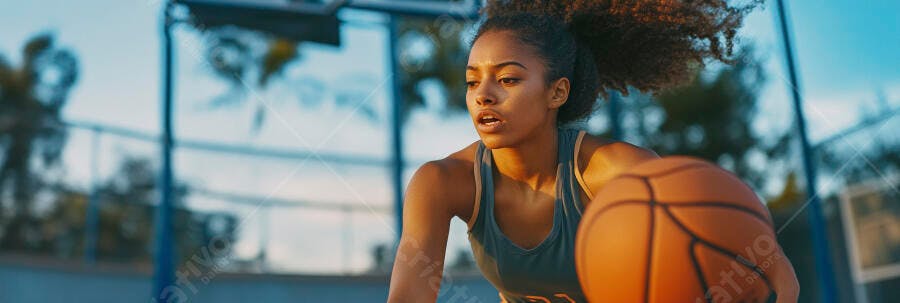 Mulher negra atleta driblando basquete em quadra externa com luz natural