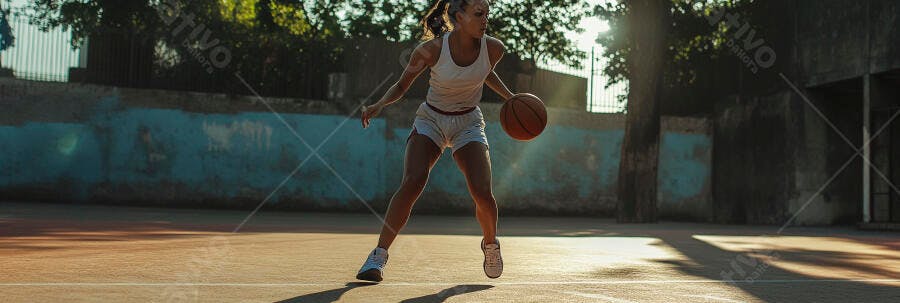 Mulher atleta branca driblando basquete em quadra ao entardecer