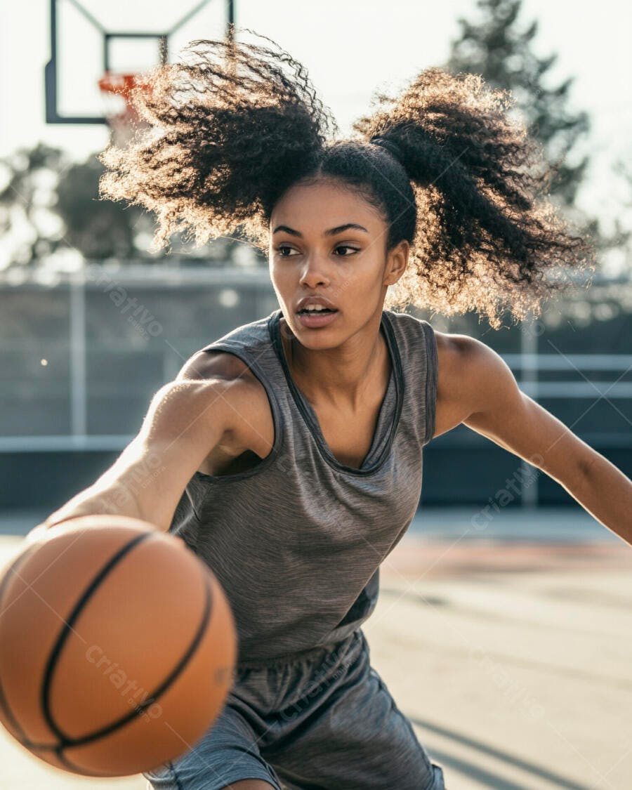 Mulher negra atlética driblando bola de basquete na quadra ensolarada