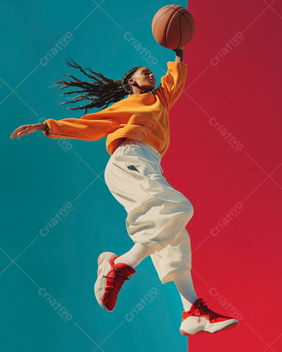 Jovem mulher negra atleta saltando com bola de basquete fundo colorido