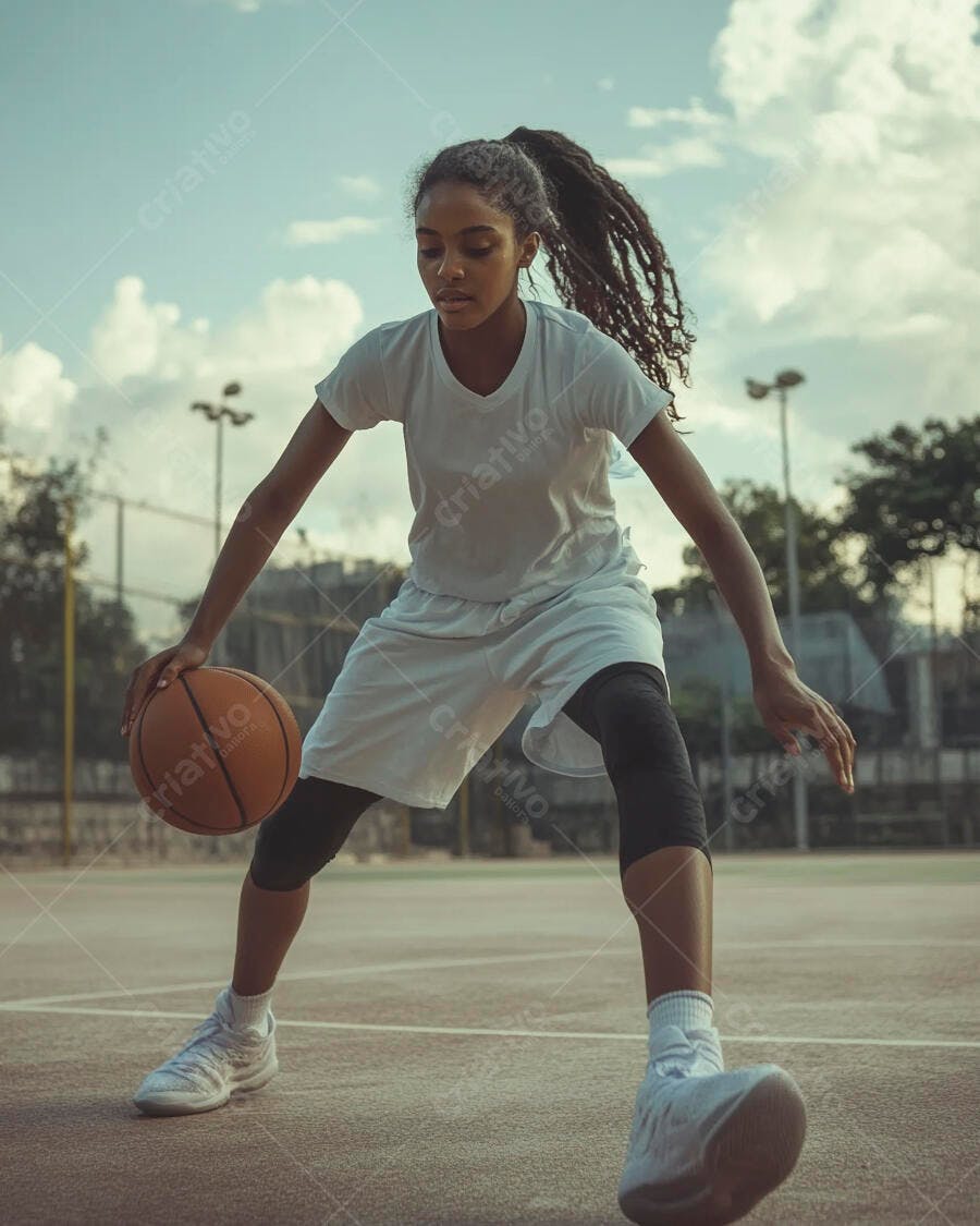 Atleta feminina negra driblando bola de basquete em quadra externa