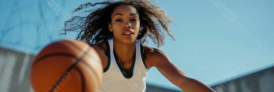 Jovem mulher negra jogando basquete com cabelo voando em quadra exterior dia ensolarado