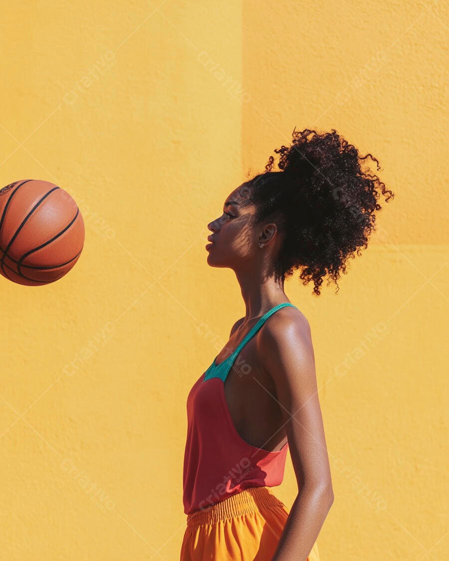 Mulher negra atlética com bola de basquete em parede amarela vibrante