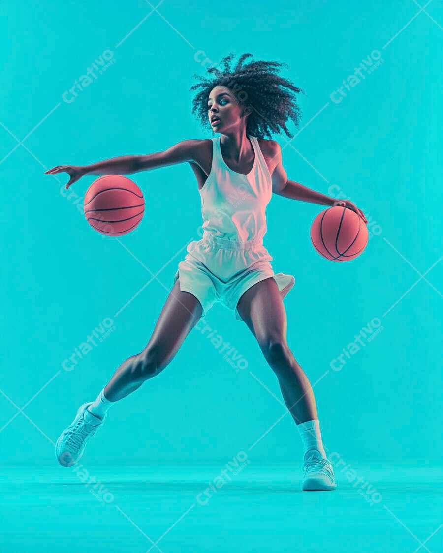 Mulher negra atleta driblando duas bolas de basquete fundo ciano vibrante